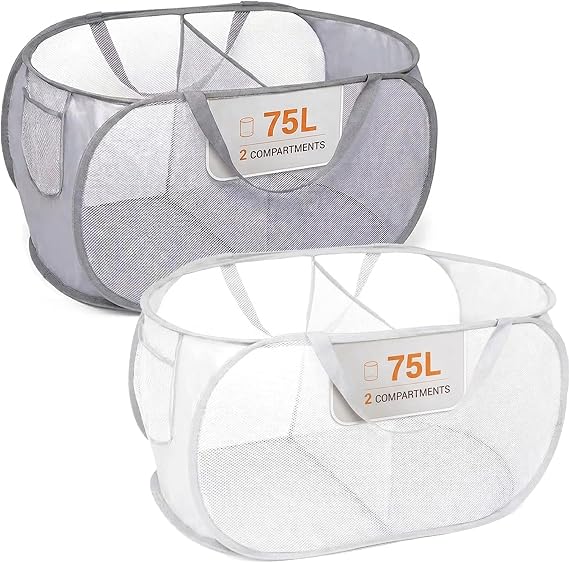2 Pack Collapsible Laundry Basket, Double Compartment Clothes Hamper