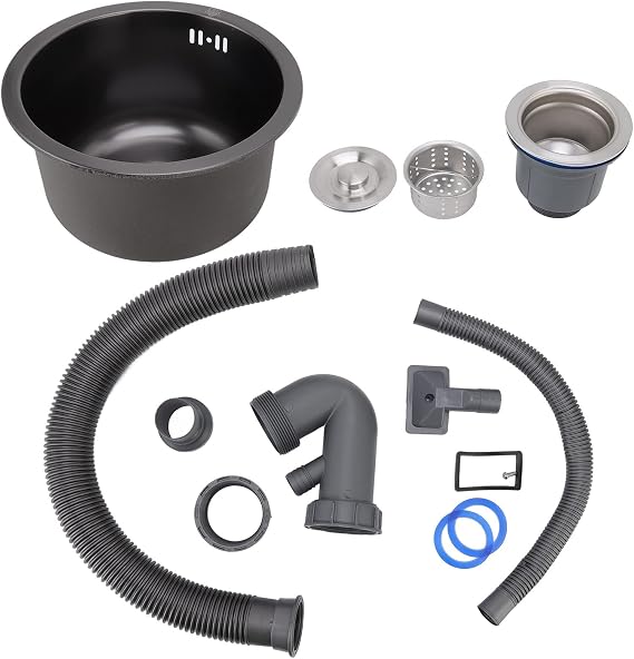 Kitchen Sink, Stainless Steel Mini Round Sink, Black Kitchen Bar Single Bowl Sinks with Drainer Assembly, Bathroom Equipment, for Utility Rooms Kitchens Bars Pubs