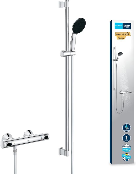 GROHE Precision Flow - Exposed Thermostatic Shower Set (Round 11 cm Hand Shower, 1 Spray: Rain, Hose 1.75 m, Rail 90 cm, Safety Functions, Water Saving), Chrome, 34805001