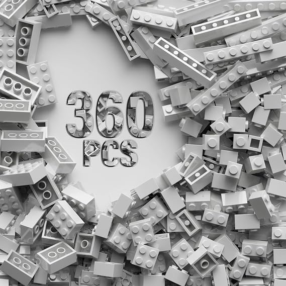 360 Pieces White Classic Building Blocks Bulk 7 Size Building Bricks Assorted Pack Fits Lego Parts and Pieces Light Gray