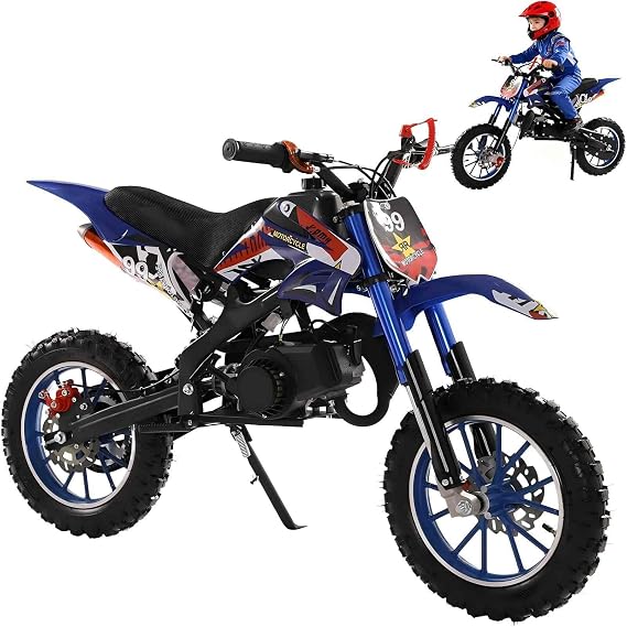 Gas Powered 49cc Mini Motocross, Kids Dirt Bike with 10" Off-Road Tires, Front & Rear Disc Brakes, 40KM/H Max Speed, 150kg Load Capacity, for Youth Beginners Outdoor Riding Blue