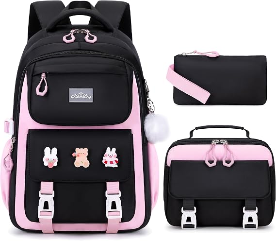 DIGOBAY Girls Backpack Set for School, Kids Backpack for Girls with Lunch Box Pencil Case, Black-pink, M, Modern