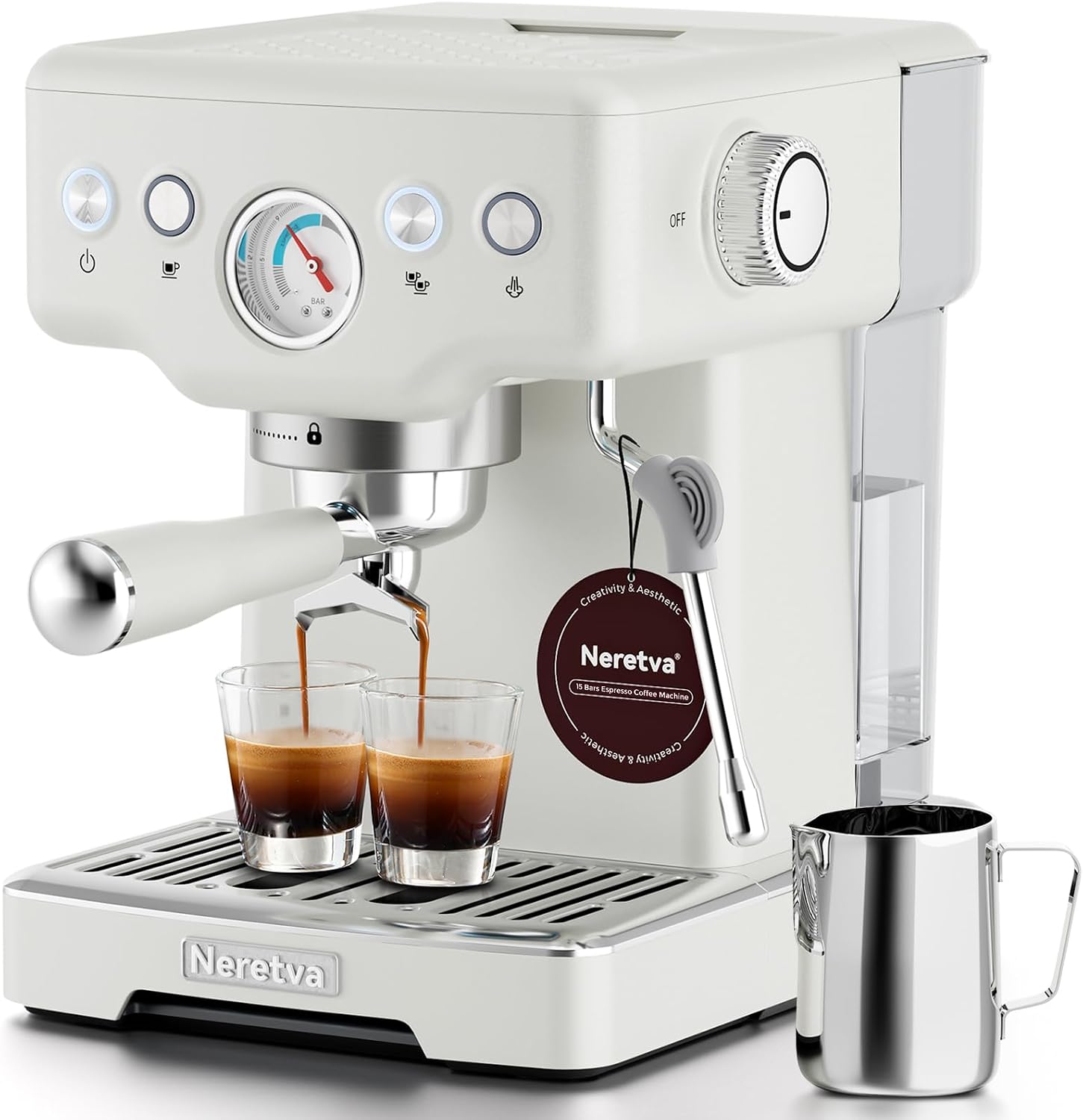 Neretva Espresso Machine 1450W Stainless Steel Coffee and Espresso Maker with Milk Frother, 15 Bar Visible Pressure Gauge for Espresso Coffee Machine for Espresso, Latte, Cappuccino, Home Barista, White