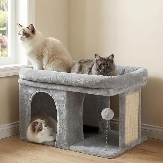 Heybly Cat Scratcher Tree 35 cm with Wide Platform and Cozy House, Suitable