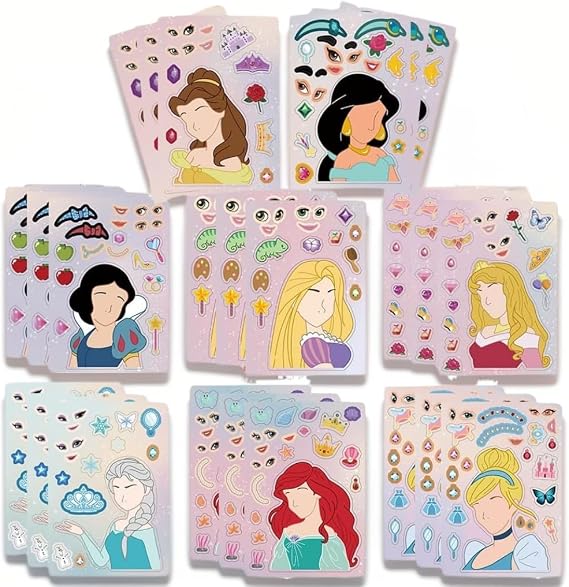 24 Sheets Cartoon Make a Face Stickers, Make Your Own DIY Stickers for Kids, Art Crafts Suitable for Birthday Party Supplies Gifts (Princess)