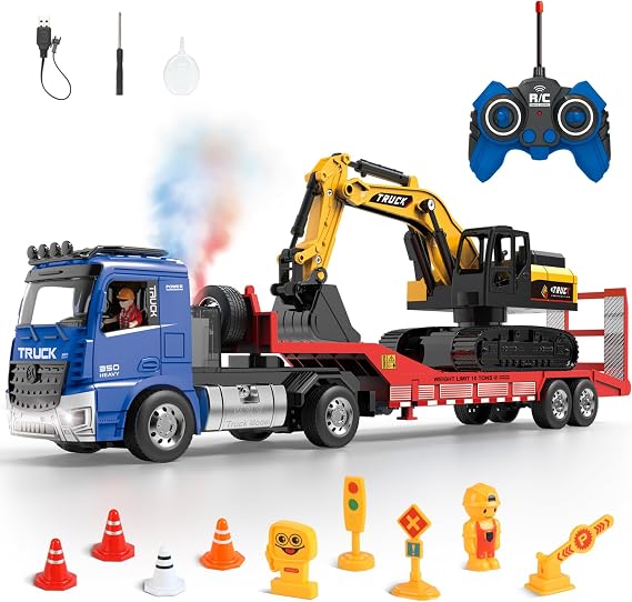 RC Semi-Trailer Truck & Friction Powered Excavator Toy Set, 1:24 Scale with Sound and Lights, 6 CH Remote Control Flatbed Truck and Inertia-Powered Excavator Toys for Kids Boys，Blue