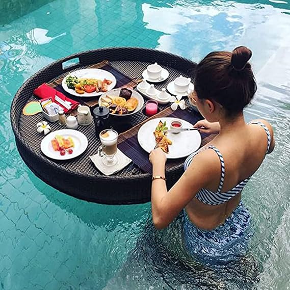 Round Floating Serving Tray for Pool Spa Beach Parties - Drink & Food Holder for Adults Perfect for Brunch & Relaxation - White (Blank)