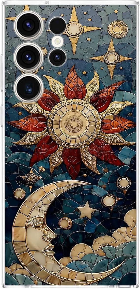 PrintiFy Samsung Galaxy S23 Ultra ile Uyumlu Vitray Sol ve Luna Tasarımlı Şeffaf Silikon Kılıf