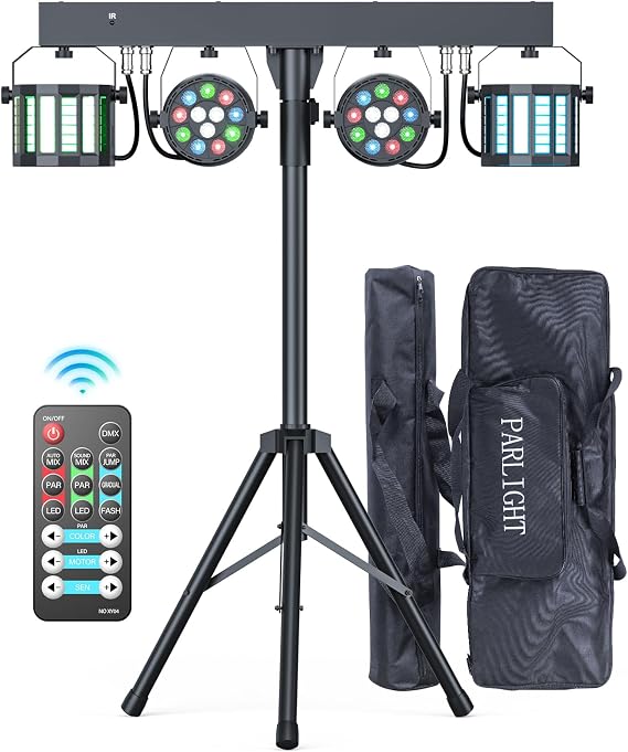 60W RGBW Derby LED Par DJ Light Set with Stand and Remote Control, Partybar Stage Lighting with dmx-3/6/15CH Disco Light for KTV, Churches, Concerts, Weddings, Christmas