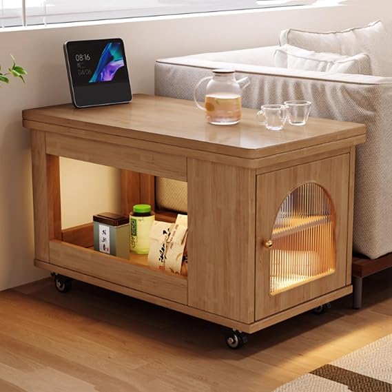 18 Inch High Sofa Side Cabinet, Folding Coffee Table Made of Solid Wood with Mobile Tea Cart, Side Table with Storage Space, Suitable for Living Room, Bedroom and Hallways (A