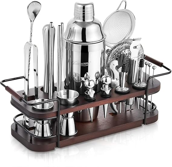 KITESSENSU Cocktail Shaker Set Bartender Kit with Stand Complete 24-Piece Bar Set Cocktail Kit with All Bar Accessories: Martini Shaker Jigger Muddler Drink Mixer Set for Home Bar Cocktails