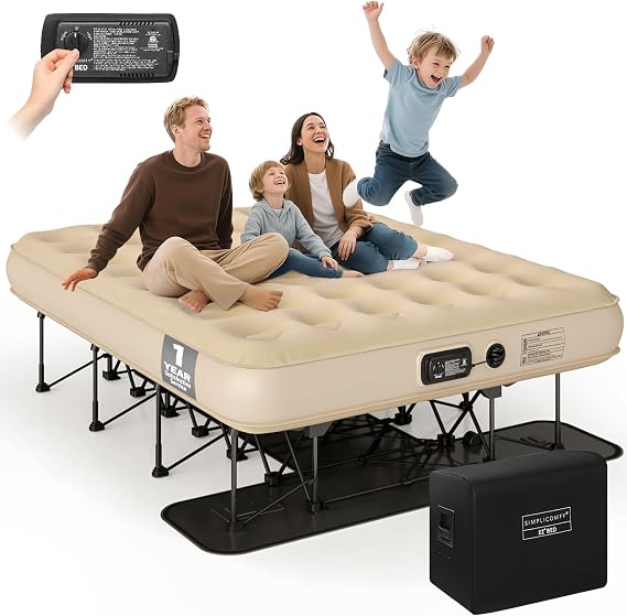 Simpli Comfy Queen EZ Bed Self-Inflating Air Mattress with Integrated Frame, Pump and Rolling Case, Inflatable Bed with Wheels