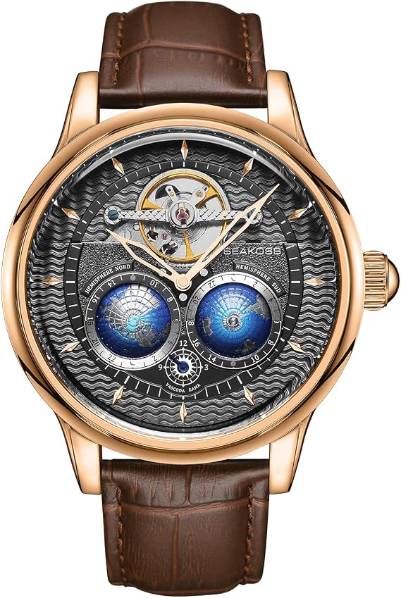 SEAKOSS Luxury Automatic Mechanical Watch for Men, 47mm Skeleton Dress Watch with Dual Hemisphere Dial, Self Winding Movement, Genuine Leather Strap, 5ATM Waterproof
