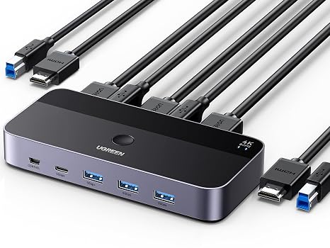 UGREEN HDMI 2.0 KVM Anahtarı 4K@60Hz USB 3.0 Anahtarı 4 USB Bağlantı Noktası (3*USB 3.0+ USB C) 2 USB Kablosu ve 2 HDMI Kablosu ile 2 PC için 1 Monitör ve Klavye, Fare, Yazıcı, U disk paylaşımı.