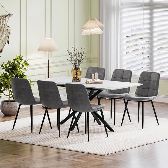 Extendable Dining Table and Chairs Set 6, 120-160cm Marble Effect Table with 6 Grey Upholstered PU Leather Chairs for Dining Room, Kitchen