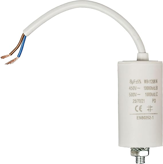 Invero Washing Machine Motor Capacitor 8.0uf - 450V Wired 250mm Cable - Dimensions: 35 x 69 mm - White