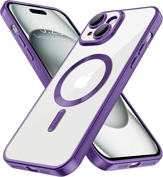 Hython 磁気クリア iPhone 15 Plus用 カメラレンズプロテクター付き MagSafe対応 ラグジュアリーメッキエッジ スリム ソフト TPU カバー 保護ケース iPhone 15 Plus 6.7インチ用 マットパープル