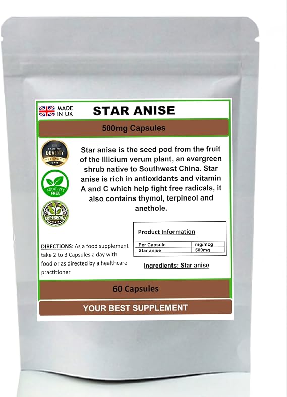 Star Anise Capsules 500mg- 100% Natural (Pure no additives) (60)