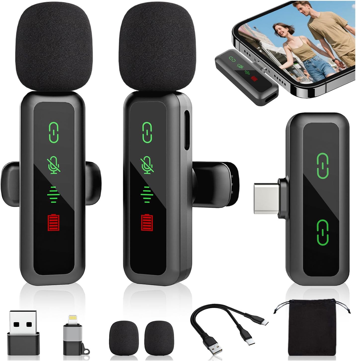 Mini Microphone for iPhone Android iPad PC with Light Display,Wireless Microphones Small Lavalier Mic,No Bluetooth USB Little Clip On Lap Mic,Vlogging Podcast Video Recording Tiny Cordless Phone Mics