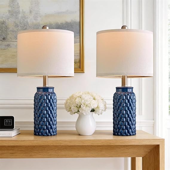 USumkky - Set of 2 Modern Dark Blue Ceramic Lamps 52.1 cm, Bedroom Decor, Farmhouse Table Lamp for Living Room, Office, Bedroom