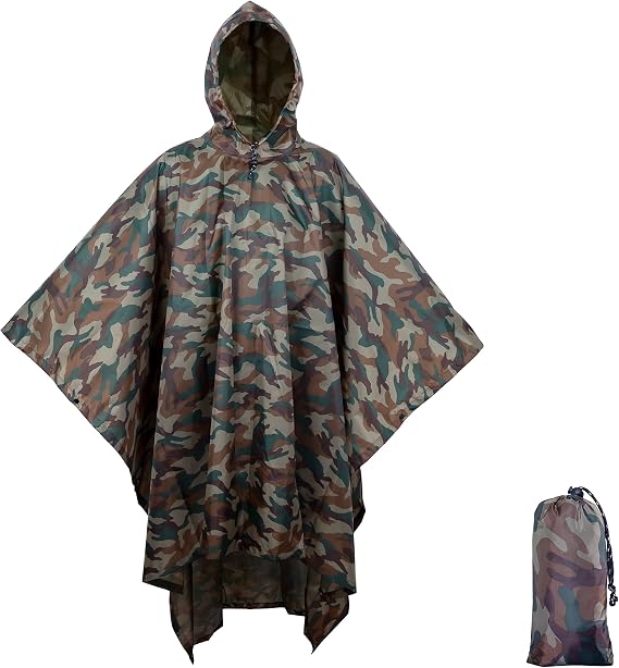 3-in-1 Multi-Purpose Rain Poncho Waterproof Lightweight & Quick Drying Poncho Men & Women Camouflage Rain Jacket Camouflage Tent Camouflage Suit Rain Cape with Hood for Hiking Camping