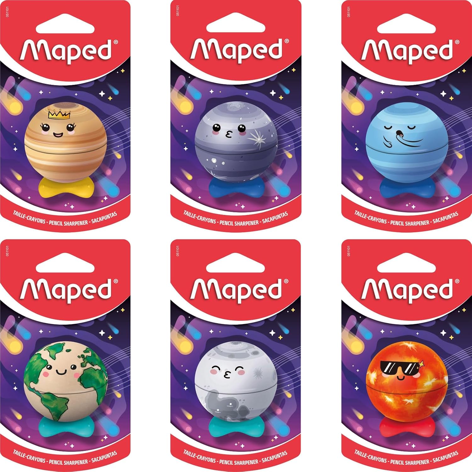 Maped - Planet Pencil Sharpener to Collect - 1 Hole - Ergonomic and Arcticulated Metal Reserve, Compact and Anti-Shock - Sold Individually, Random Colours