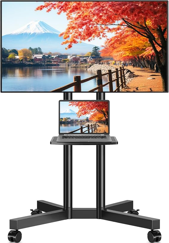 Rfiver ライフバー ローリングテレビスタンド ノートパソコン棚付き アップグレードされたホイール付きモバイルテレビスタンド 32~70インチのテレビ用 高さ調節可能なモバイルテレビカート 最大88ポンド 4K TV Max VESA 400x400mm用 屋外テレビスタンド