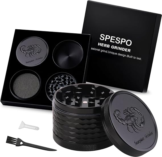 Herb Grinder, Aluminium Premium Metal Grinder 2.5inch with Embossed Cool Scorpion, 4 Pieces, Large Grinder with Pollen Scraper (Black), (CH-290)