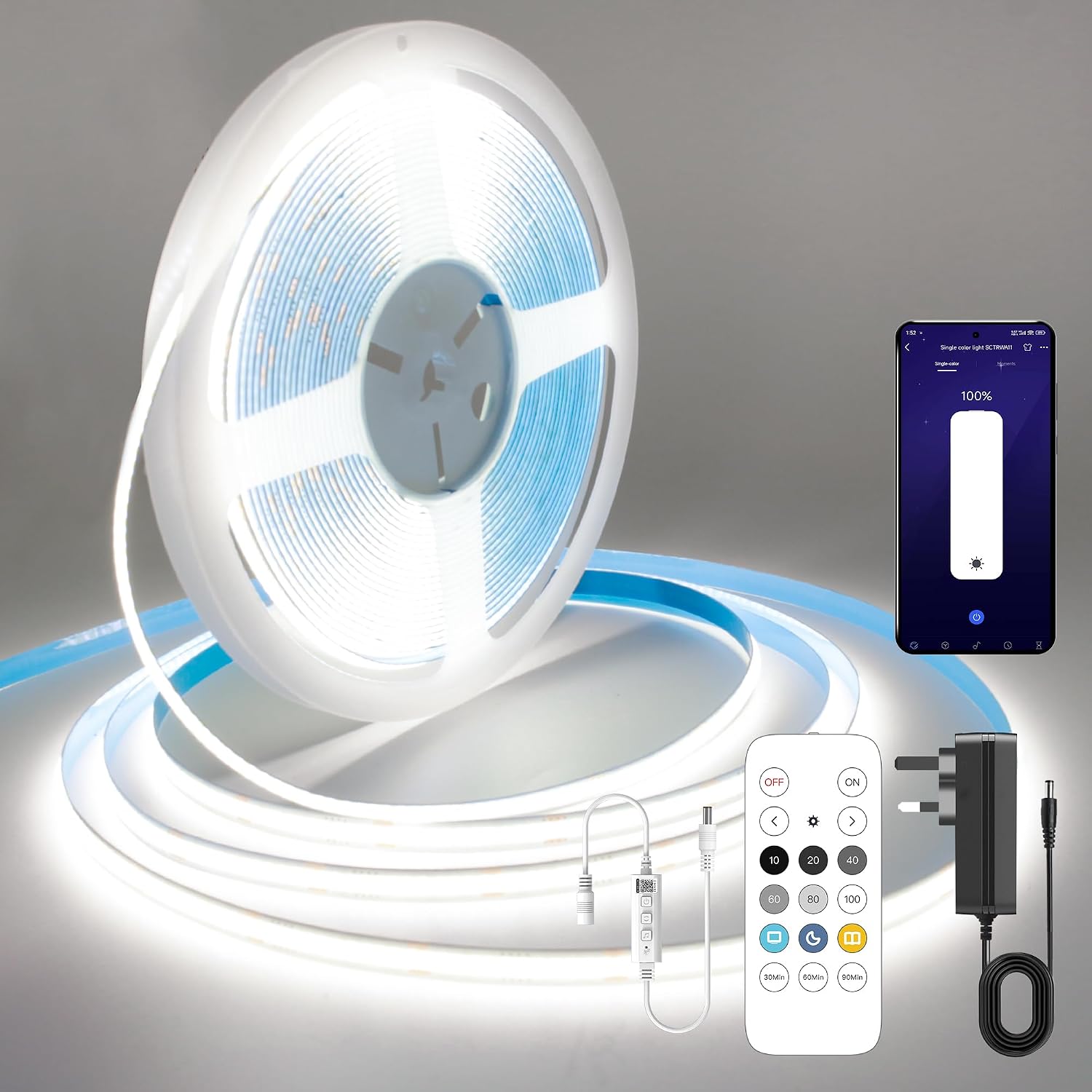 COB LED Strip 10M,Dimmable Dotless LED Strip Lights with Smart App and Remote,24V Cool White 6000K with Power Supply,8mm Wide,CRI>90 LED Lights for Indoor Room,Kitchen,cabinets,Mirrors [Energy Class D]
