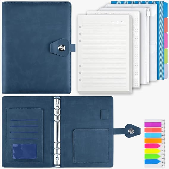 PU Leather A5 Ring Binder Notebook, 6 Ring Binder with 200 Sheets Refill Papers, Planner Notebook with Dividers, Gifts for Women and Men, Refillable Notebook for Office, School and Travel (Deep Blue)