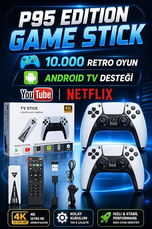 4k Android TV Wifi Kablosuz Çift Kol Retro Oyunlar Game Stick 64gb Hafıza 10000 Oyun Atari