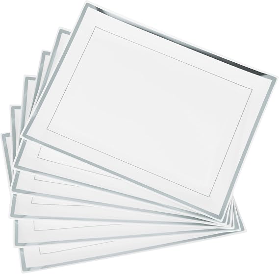 MATANA 6 White Rectangular Serving Platters with Silver Rim, 30x23cm - Reusable Plastic Trays for Snack, Sandwich, Buffet Trays, Food Serving, Catering, Parties, Weddings, Birthdays