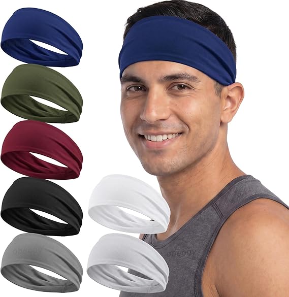 7 Pcs Headbands for Men, Soft Elastic Sports Sweatbands - Non Slip Moisture Wicking Bandanas Hair Band Head Wrap and Running Accessories for Gym Workout