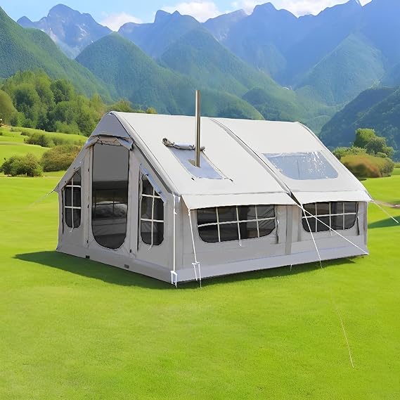 Inflatable Tent with Pump, 6-8 Person Blow Up Tent with Stove Jack, Luxury Air Tent, 4 Season Large Cabin Tent, Outdoor Family Camping Tent with Mesh Windows & Doors