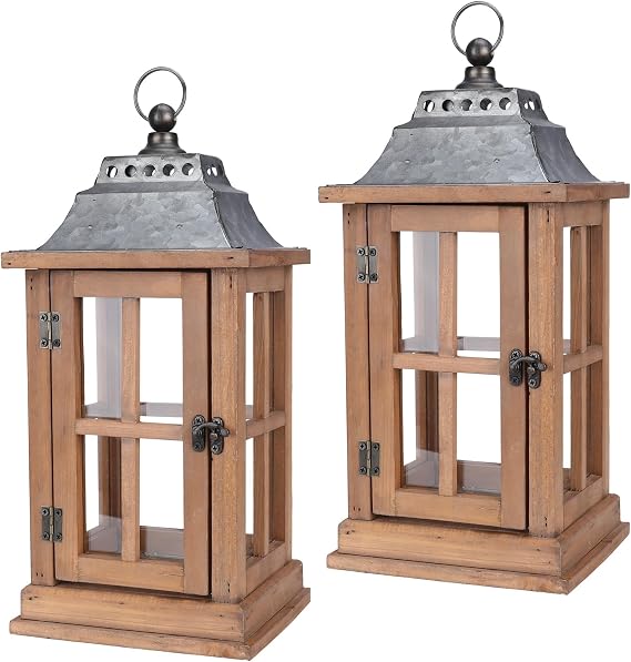 Bdor Lantern Decorative (Set of 2) - 15in High Vintage Style Candle Lantern, Rustic Wooden Lanterns Decorative, Decorative Lanterns for Home Living Room/Fireplace/Garden Display (No Candles)