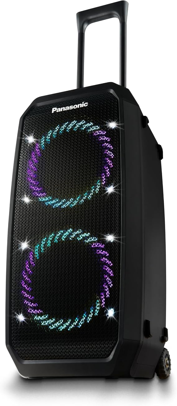Panasonic SC-BMAX30 Portable Party Speaker with Bluetooth, Built-in Lights, Bass Reflex Port, 320W, USB, IPX4, Guitar & Mic Inputs for Karaoke, Black
