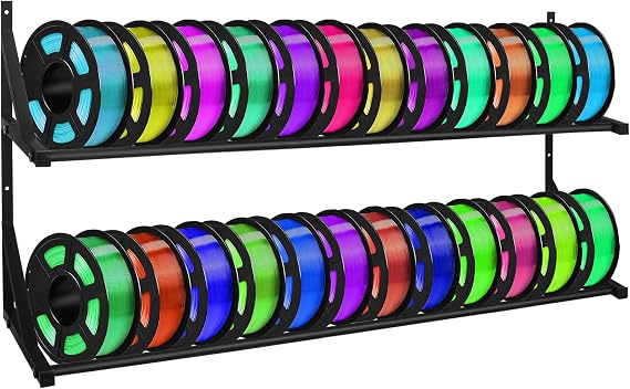 Upgrade 3D Printer Filament Storage Rack, Black, Metal, 2-Tier, Wall-Mounted, Holds 24 Rolls (12 per Tier, 20LB per Tier), Organizes 3D Filaments & Accessories, Modern Style