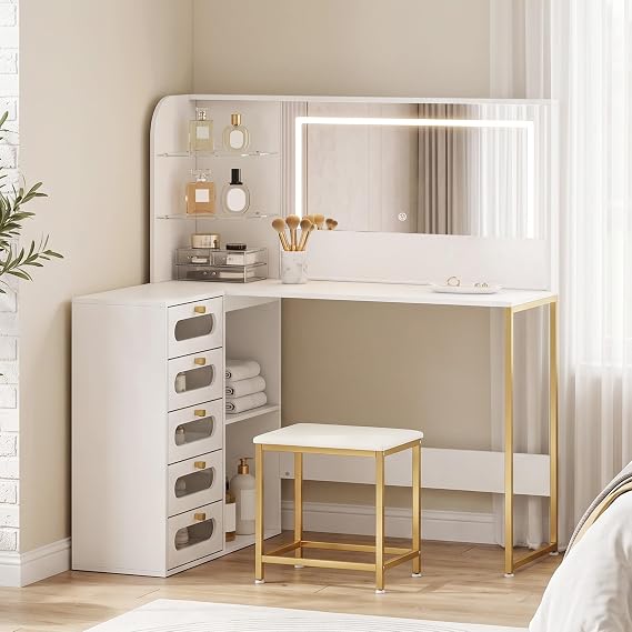 HOMCOM Makeup Vanity with Mirror LED Adjustable Stool White