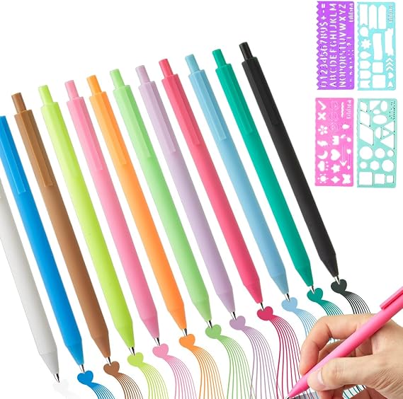 12Pack Quick Drying Retractable Coloured Gel Pens Set,0.6mm Fine Point Cute Colorful Pens for Writing Drawing Journaling Note Taking School Office Home+Cute Patterns Number Lettering Stencil (12)