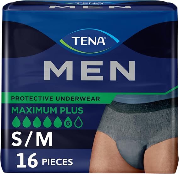 TENA Incontinence Underwear for Men, Maximum Plus Absorbency, Small/Medium, 16 Count (Packaging May Vary)