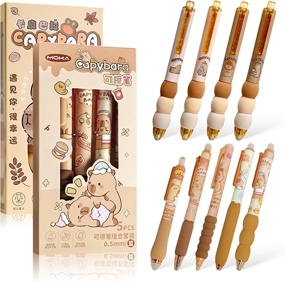 Set of 9 Capybara Erasable Ballpoint Pens with Fine 0.5 mm Lead Spring Operated with Clip and Soft Foam Handle Ergonomic Capybara Things for School and Office Supplies