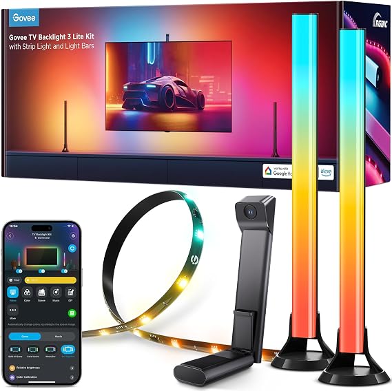 Govee TV Arkası Led Şerit Aydınlatma 3 Lite Kit + 2'li Aydınlatma Bar + Tv ile Renk Senkronizasyon 55-65 inç Tüm TV'ler Uyumludur [Enerji Sınıfı A]