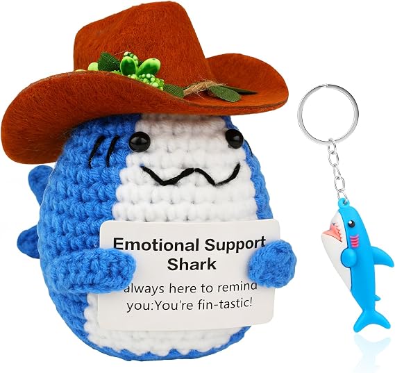 Positive Crochet Animals, Cowboy Hat Shark Handmade Knitted Doll with Positive Card, Blue Shark Charm Keychain, Emotion Support Gift for Women, Men, Friends, Coworker, Home Office Desk Decor