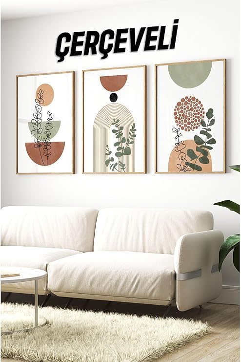 Kututr Dekorize Mdf Tablo Seti 3 Parça Mm Çerçeveli Salon Oturma Odası Için Bohem Duvar Dekoru 3018,Beyaz 32 X 42