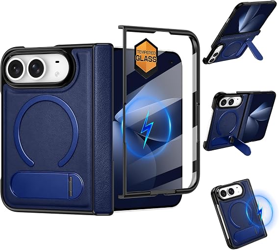 for iPhone Duoケース レザー付き、MagSafe対応スクリーンプロテクター内蔵360°回転可能なメタルスタンドヒンジ保護カバー Apple iPhone Duo用、ライトブルー