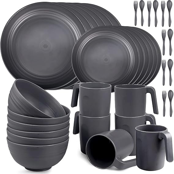 36pcs Unbreakable Dinnerware Sets for 6 People, Camping Plates and Bowls Set, Plastic Picnic Dinner Sets, Lightweight BBQ Serving Plates, Bowls, Cups,Cutlery Set, Forks,Tableware (Grey)