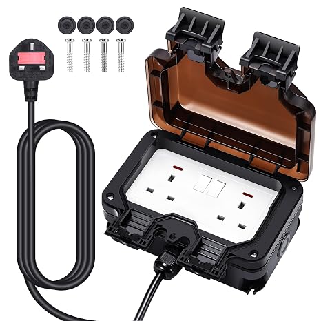 Outdoor Socket, Outdoor Double Sockets with 3M Extension Cable, IP66 Weatherproof Wall Electrical Outlets with On-Off Switch and Indicator Light, Outside Plug Socket for Garden Garage Yard