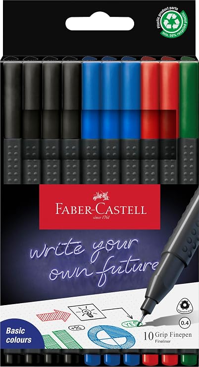 Faber-Castell Grip Finepen Office Set - 10 Fineliners, 0.4 mm, Multicoloured