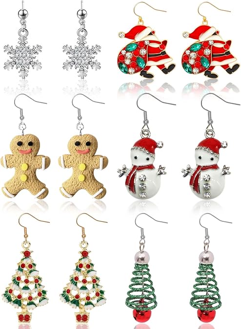Christmas Earrings, 6 Pairs Christmas Earrings for Women Snowflake Snowman Earrings Cute Santa Reindeer Xmas Tree Earrings for Women Girls Novelty Christmas Jewelry