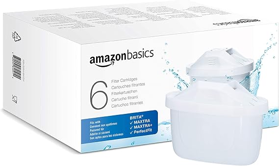 Amazon Basics Water Filter Cartridges, 6 Count, Pack of 1, Suitable and Compatible with All BRITA Jugs Incl. PerfectFit & Amazon Basic Jugs